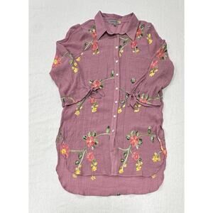 Figueroa & Flower Womens Tunic Top Floral Embroidered Button Down L Whimsy